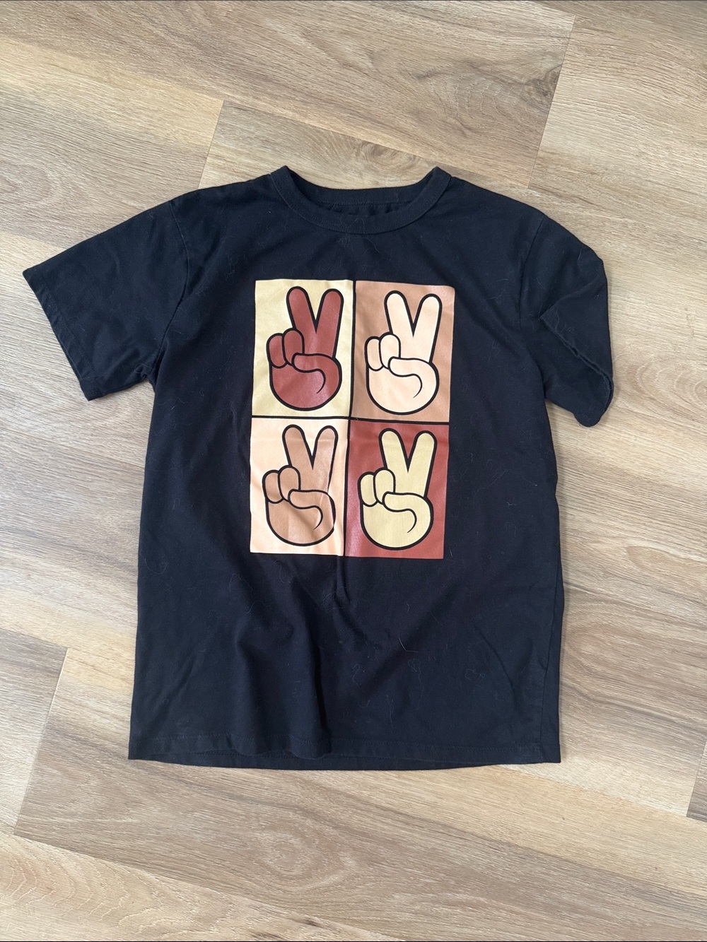 Place Black Tee with Red, Cream, Tan & Brown Peace Sign Panel